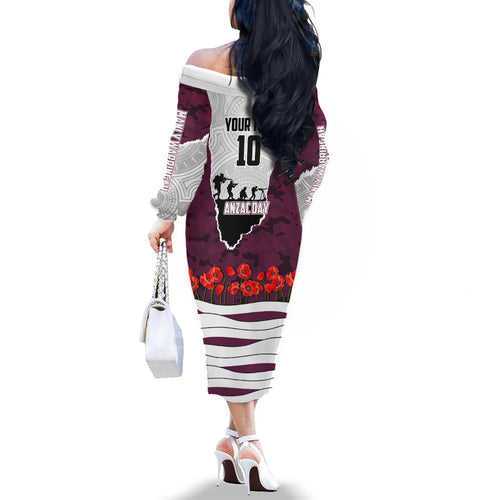 Personalized Sea Eagles ANZAC Tribute Family Matching Off The Shoulder Long Sleeve Dress and Hawaiian Shirt Poppy Field Soldier Silhouette Aboriginal Rugby Mascot