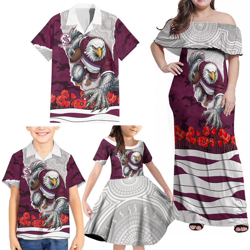 Personalized Sea Eagles ANZAC Tribute Family Matching Off Shoulder Maxi Dress and Hawaiian Shirt Poppy Field Soldier Silhouette Aboriginal Rugby Mascot