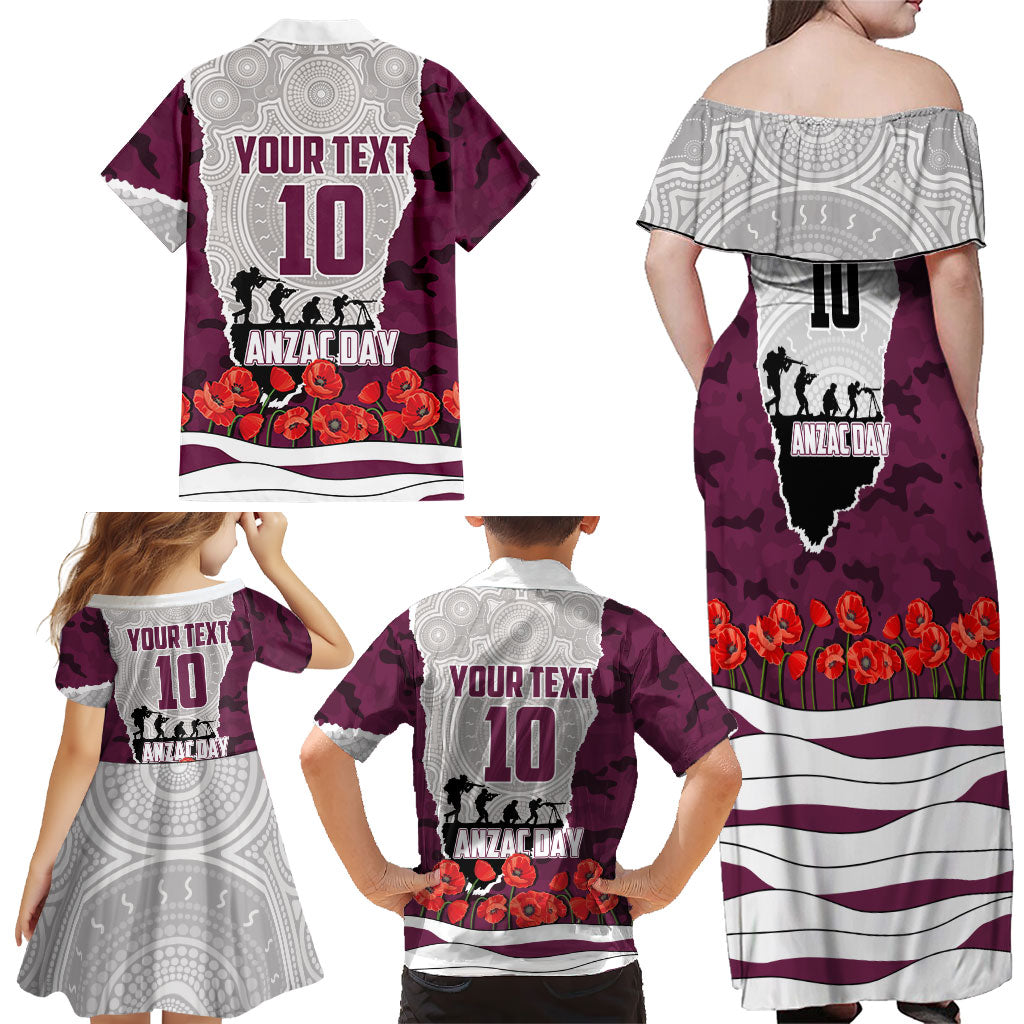 Personalized Sea Eagles ANZAC Tribute Family Matching Off Shoulder Maxi Dress and Hawaiian Shirt Poppy Field Soldier Silhouette Aboriginal Rugby Mascot