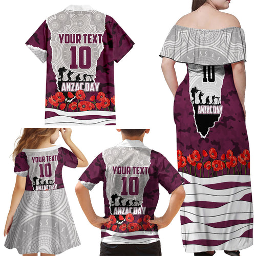 Personalized Sea Eagles ANZAC Tribute Family Matching Off Shoulder Maxi Dress and Hawaiian Shirt Poppy Field Soldier Silhouette Aboriginal Rugby Mascot