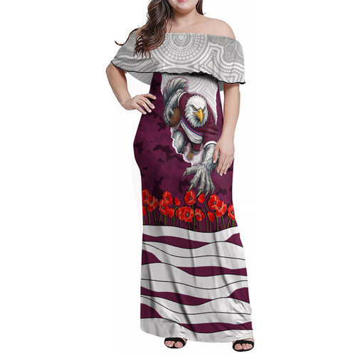 Personalized Sea Eagles ANZAC Tribute Family Matching Off Shoulder Maxi Dress and Hawaiian Shirt Poppy Field Soldier Silhouette Aboriginal Rugby Mascot