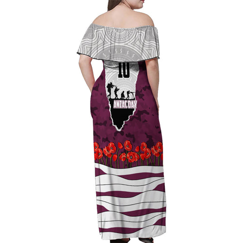 Personalized Sea Eagles ANZAC Tribute Family Matching Off Shoulder Maxi Dress and Hawaiian Shirt Poppy Field Soldier Silhouette Aboriginal Rugby Mascot
