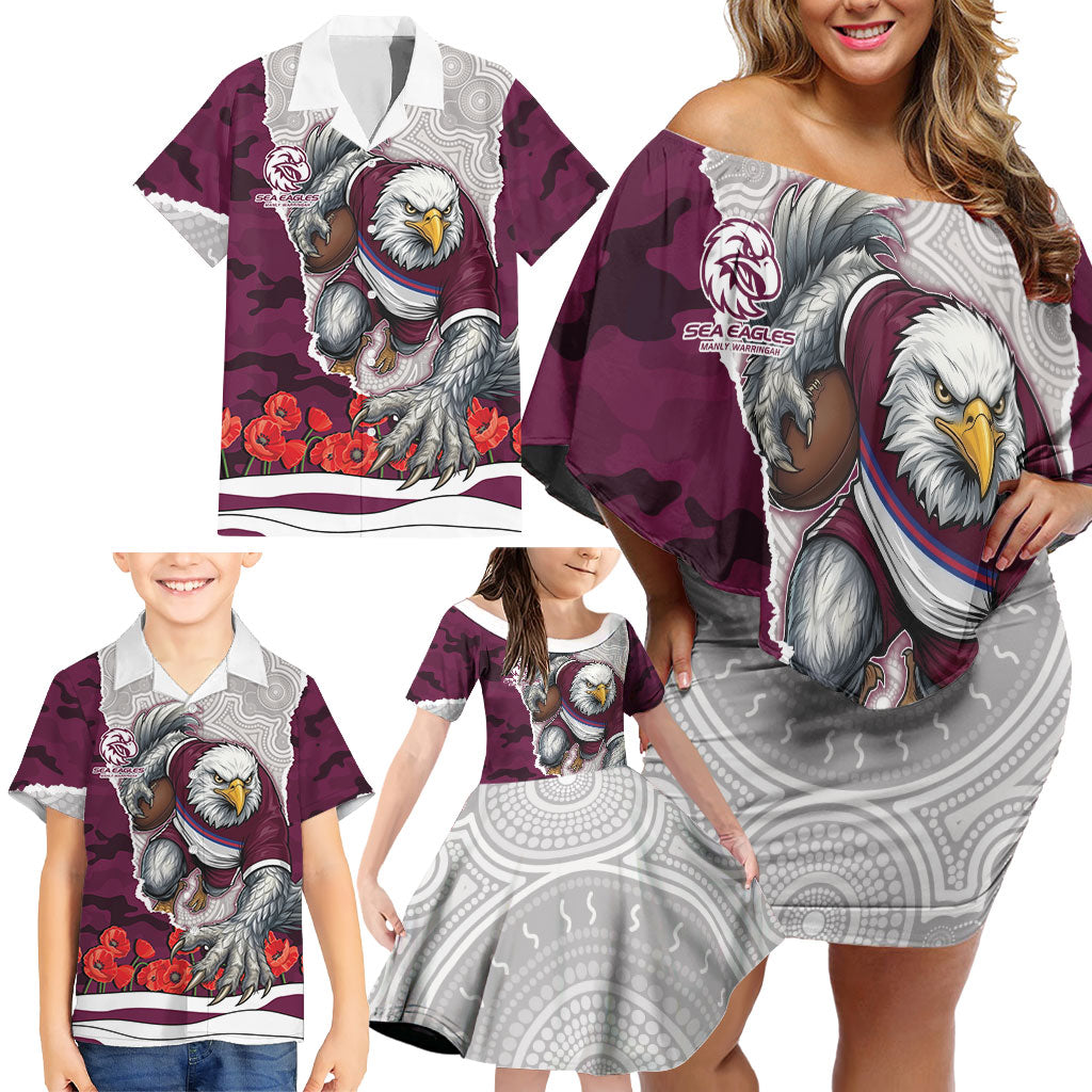 Personalized Sea Eagles ANZAC Tribute Family Matching Off Shoulder Short Dress and Hawaiian Shirt Poppy Field Soldier Silhouette Aboriginal Rugby Mascot