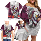 Personalized Sea Eagles ANZAC Tribute Family Matching Off Shoulder Short Dress and Hawaiian Shirt Poppy Field Soldier Silhouette Aboriginal Rugby Mascot