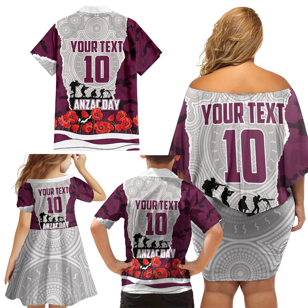 Personalized Sea Eagles ANZAC Tribute Family Matching Off Shoulder Short Dress and Hawaiian Shirt Poppy Field Soldier Silhouette Aboriginal Rugby Mascot