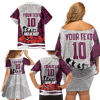 Personalized Sea Eagles ANZAC Tribute Family Matching Off Shoulder Short Dress and Hawaiian Shirt Poppy Field Soldier Silhouette Aboriginal Rugby Mascot