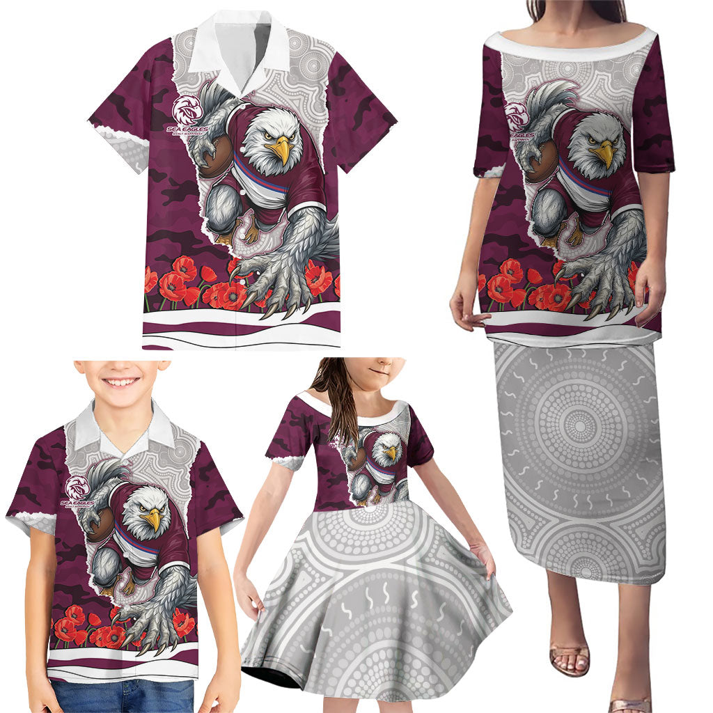 Personalized Sea Eagles ANZAC Tribute Family Matching Puletasi and Hawaiian Shirt Poppy Field Soldier Silhouette Aboriginal Rugby Mascot