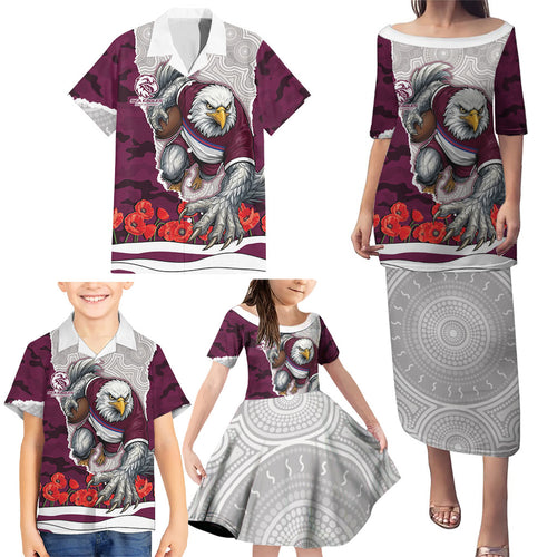 Personalized Sea Eagles ANZAC Tribute Family Matching Puletasi and Hawaiian Shirt Poppy Field Soldier Silhouette Aboriginal Rugby Mascot