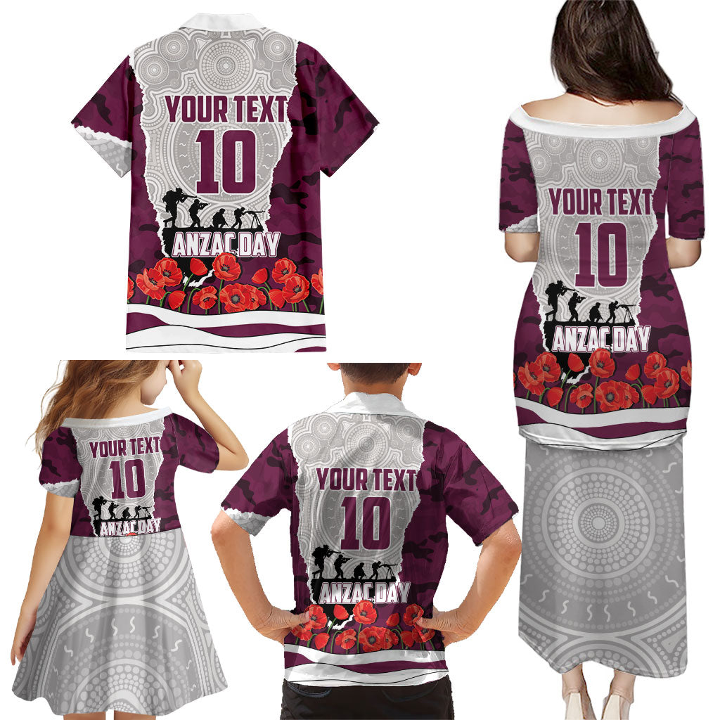 Personalized Sea Eagles ANZAC Tribute Family Matching Puletasi and Hawaiian Shirt Poppy Field Soldier Silhouette Aboriginal Rugby Mascot