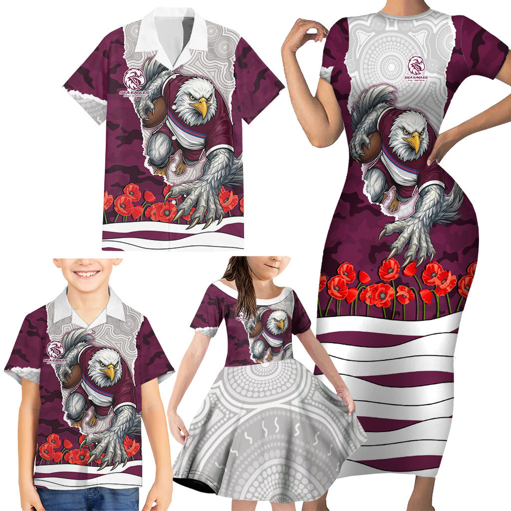 Personalized Sea Eagles ANZAC Tribute Family Matching Short Sleeve Bodycon Dress and Hawaiian Shirt Poppy Field Soldier Silhouette Aboriginal Rugby Mascot