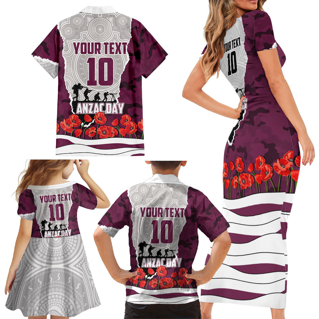 Personalized Sea Eagles ANZAC Tribute Family Matching Short Sleeve Bodycon Dress and Hawaiian Shirt Poppy Field Soldier Silhouette Aboriginal Rugby Mascot