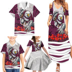 Personalized Sea Eagles ANZAC Tribute Family Matching Summer Maxi Dress and Hawaiian Shirt Poppy Field Soldier Silhouette Aboriginal Rugby Mascot
