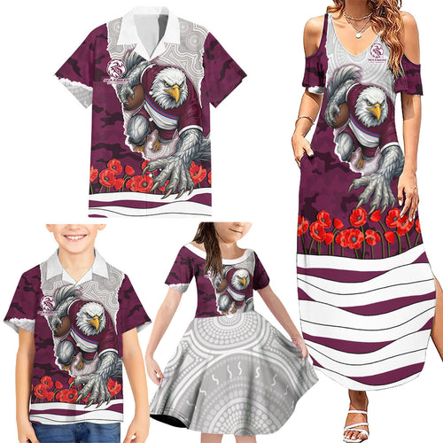Personalized Sea Eagles ANZAC Tribute Family Matching Summer Maxi Dress and Hawaiian Shirt Poppy Field Soldier Silhouette Aboriginal Rugby Mascot