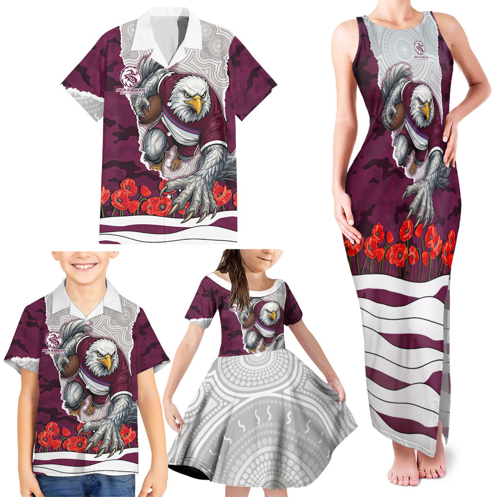 Personalized Sea Eagles ANZAC Tribute Family Matching Tank Maxi Dress and Hawaiian Shirt Poppy Field Soldier Silhouette Aboriginal Rugby Mascot