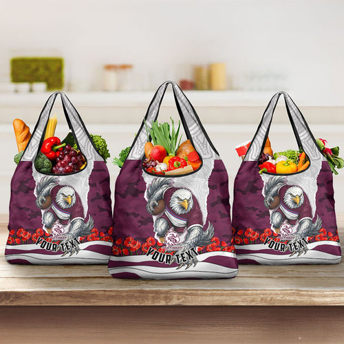 Personalized Sea Eagles ANZAC Tribute Grocery Bag Poppy Field Soldier Silhouette Aboriginal Rugby Mascot