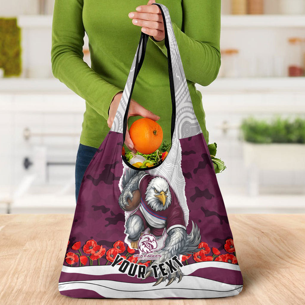 Personalized Sea Eagles ANZAC Tribute Grocery Bag Poppy Field Soldier Silhouette Aboriginal Rugby Mascot