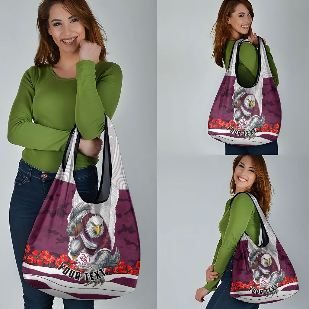 Personalized Sea Eagles ANZAC Tribute Grocery Bag Poppy Field Soldier Silhouette Aboriginal Rugby Mascot