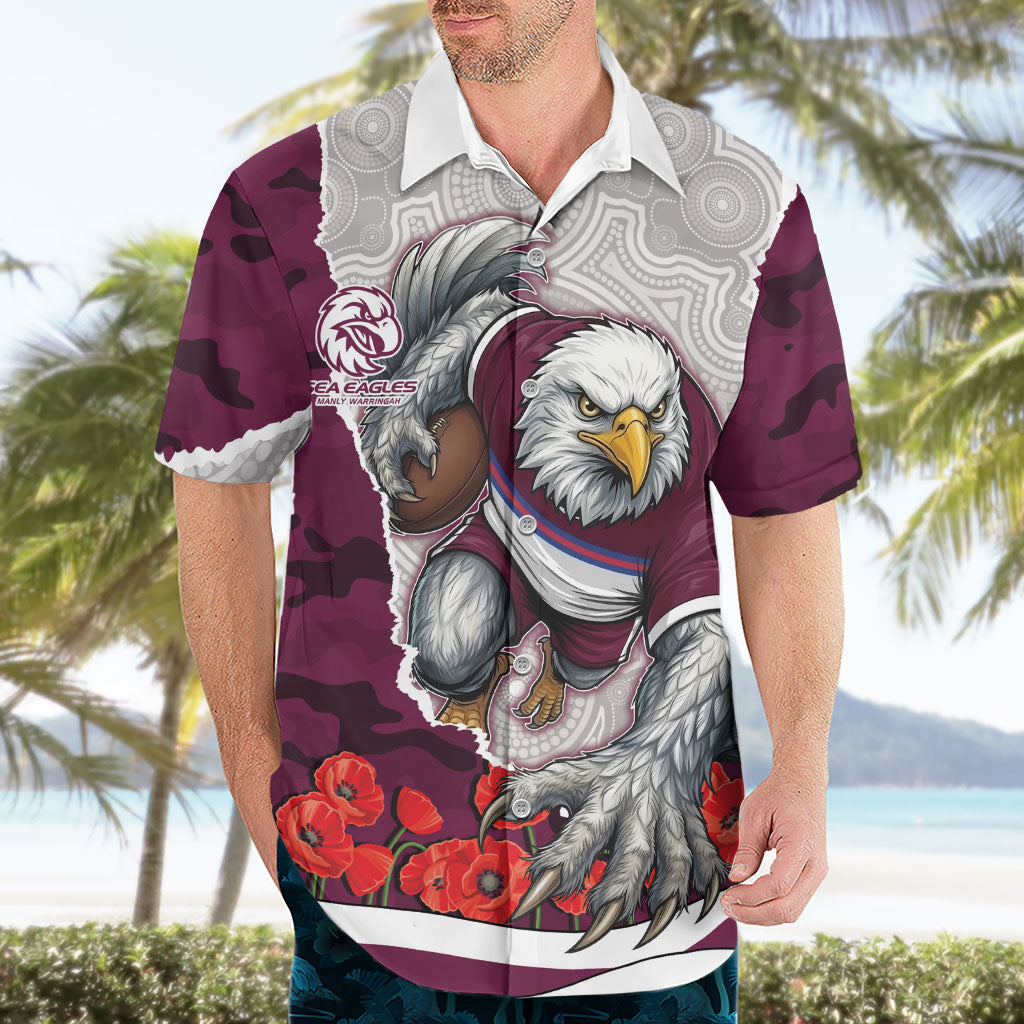 Personalized Sea Eagles ANZAC Tribute Hawaiian Shirt Poppy Field Soldier Silhouette Aboriginal Rugby Mascot