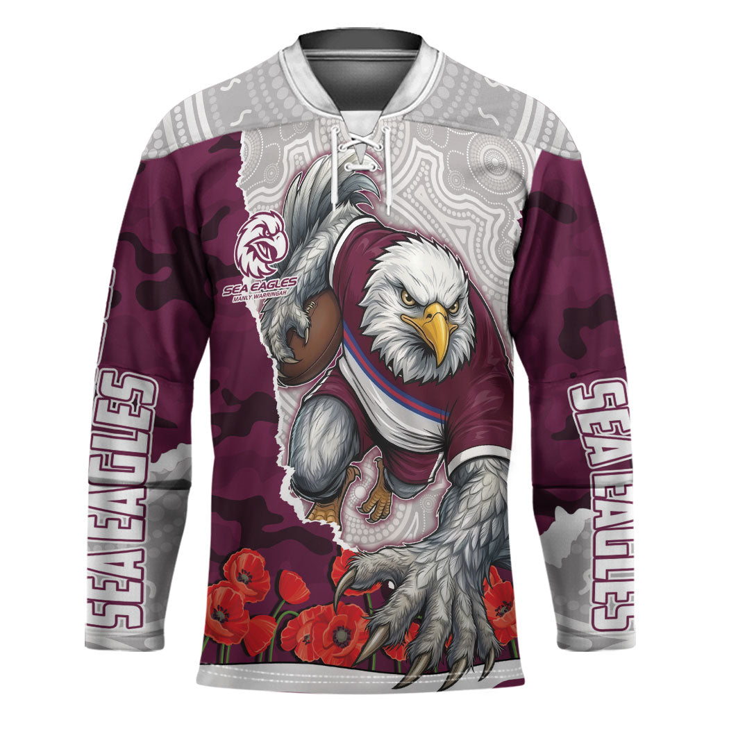 Personalized Sea Eagles ANZAC Tribute Hockey Jersey Poppy Field Soldier Silhouette Aboriginal Rugby Mascot