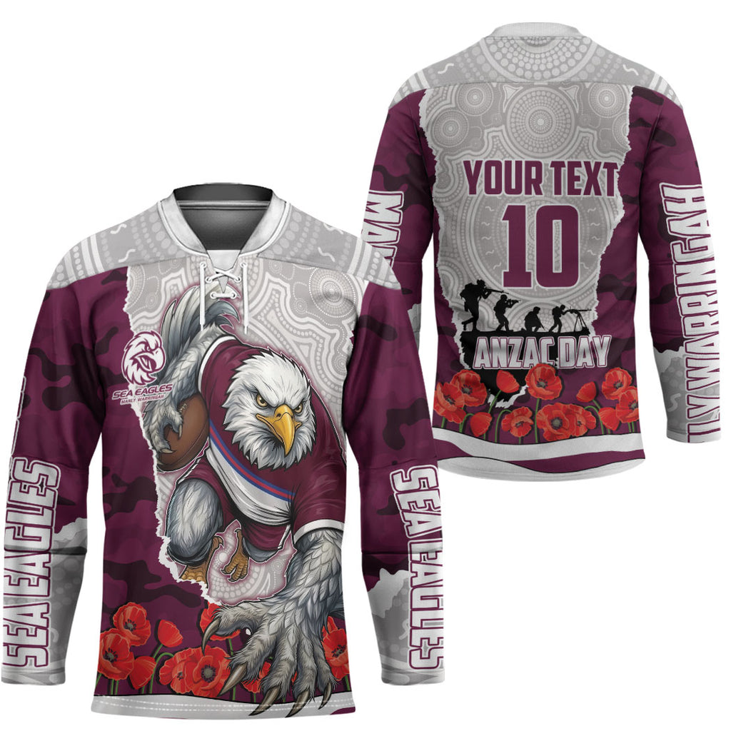 Personalized Sea Eagles ANZAC Tribute Hockey Jersey Poppy Field Soldier Silhouette Aboriginal Rugby Mascot