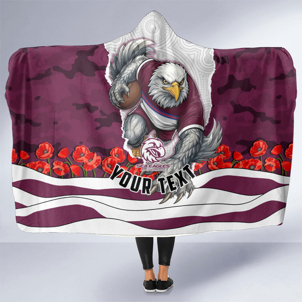 Personalized Sea Eagles ANZAC Tribute Hooded Blanket Poppy Field Soldier Silhouette Aboriginal Rugby Mascot