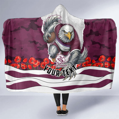 Personalized Sea Eagles ANZAC Tribute Hooded Blanket Poppy Field Soldier Silhouette Aboriginal Rugby Mascot