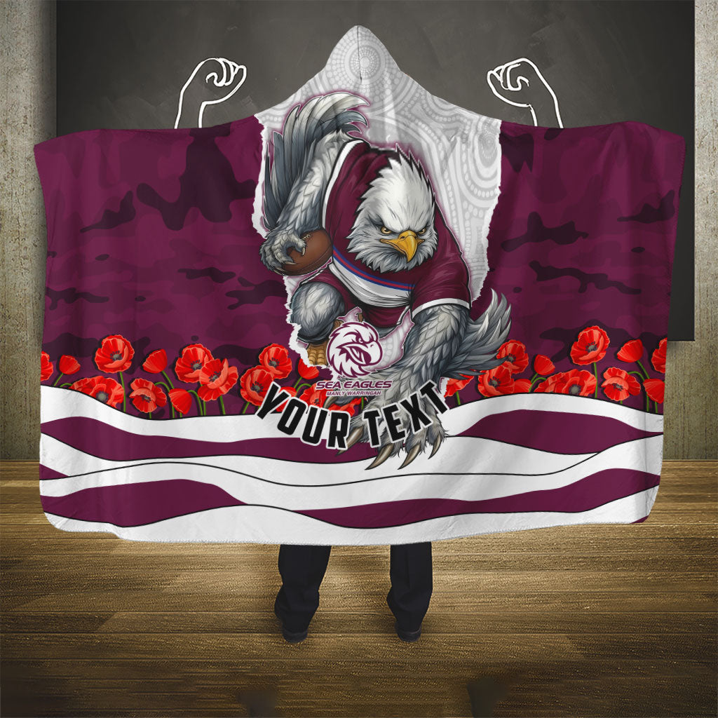 Personalized Sea Eagles ANZAC Tribute Hooded Blanket Poppy Field Soldier Silhouette Aboriginal Rugby Mascot