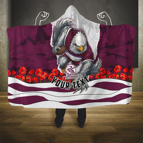 Personalized Sea Eagles ANZAC Tribute Hooded Blanket Poppy Field Soldier Silhouette Aboriginal Rugby Mascot