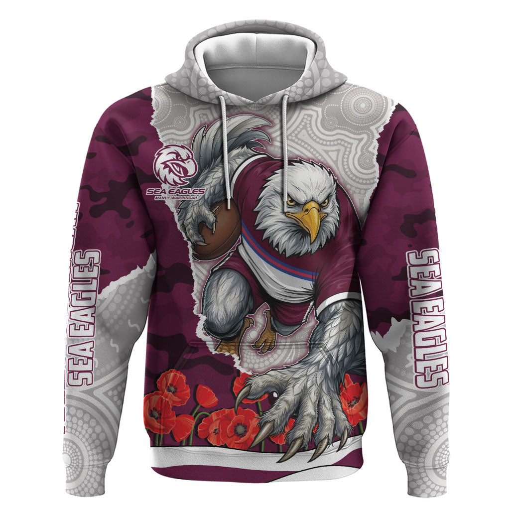 Personalized Sea Eagles ANZAC Tribute Hoodie Poppy Field Soldier Silhouette Aboriginal Rugby Mascot