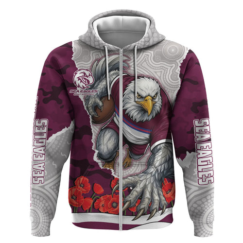 Personalized Sea Eagles ANZAC Tribute Hoodie Poppy Field Soldier Silhouette Aboriginal Rugby Mascot