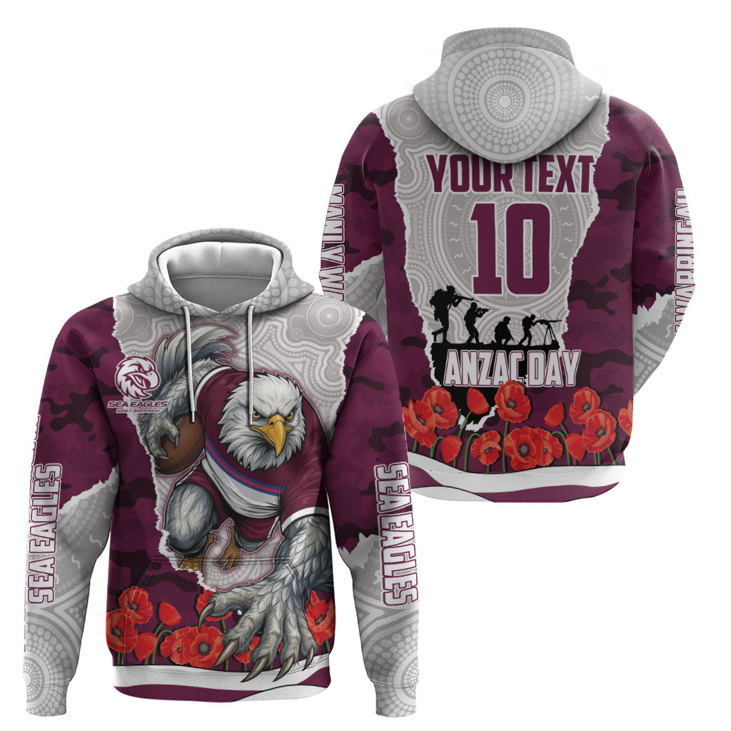 Personalized Sea Eagles ANZAC Tribute Hoodie Poppy Field Soldier Silhouette Aboriginal Rugby Mascot