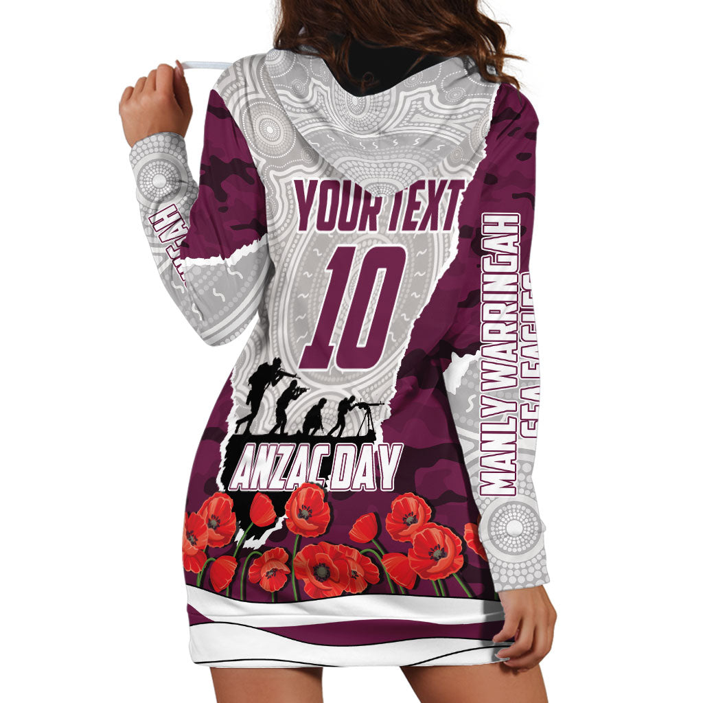 Personalized Sea Eagles ANZAC Tribute Hoodie Dress Poppy Field Soldier Silhouette Aboriginal Rugby Mascot