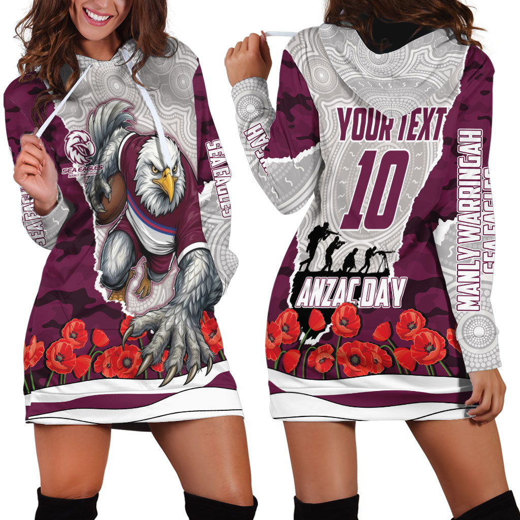 Personalized Sea Eagles ANZAC Tribute Hoodie Dress Poppy Field Soldier Silhouette Aboriginal Rugby Mascot