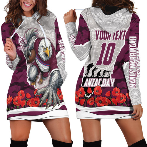 Personalized Sea Eagles ANZAC Tribute Hoodie Dress Poppy Field Soldier Silhouette Aboriginal Rugby Mascot