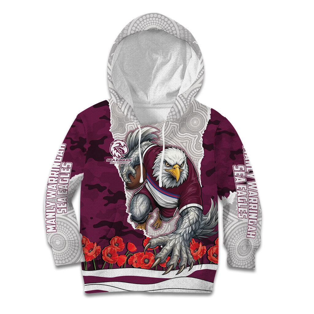 Personalized Sea Eagles ANZAC Tribute Kid Hoodie Poppy Field Soldier Silhouette Aboriginal Rugby Mascot