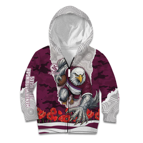 Personalized Sea Eagles ANZAC Tribute Kid Hoodie Poppy Field Soldier Silhouette Aboriginal Rugby Mascot