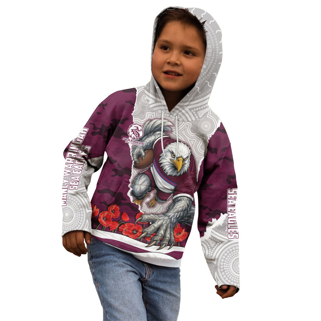 Personalized Sea Eagles ANZAC Tribute Kid Hoodie Poppy Field Soldier Silhouette Aboriginal Rugby Mascot