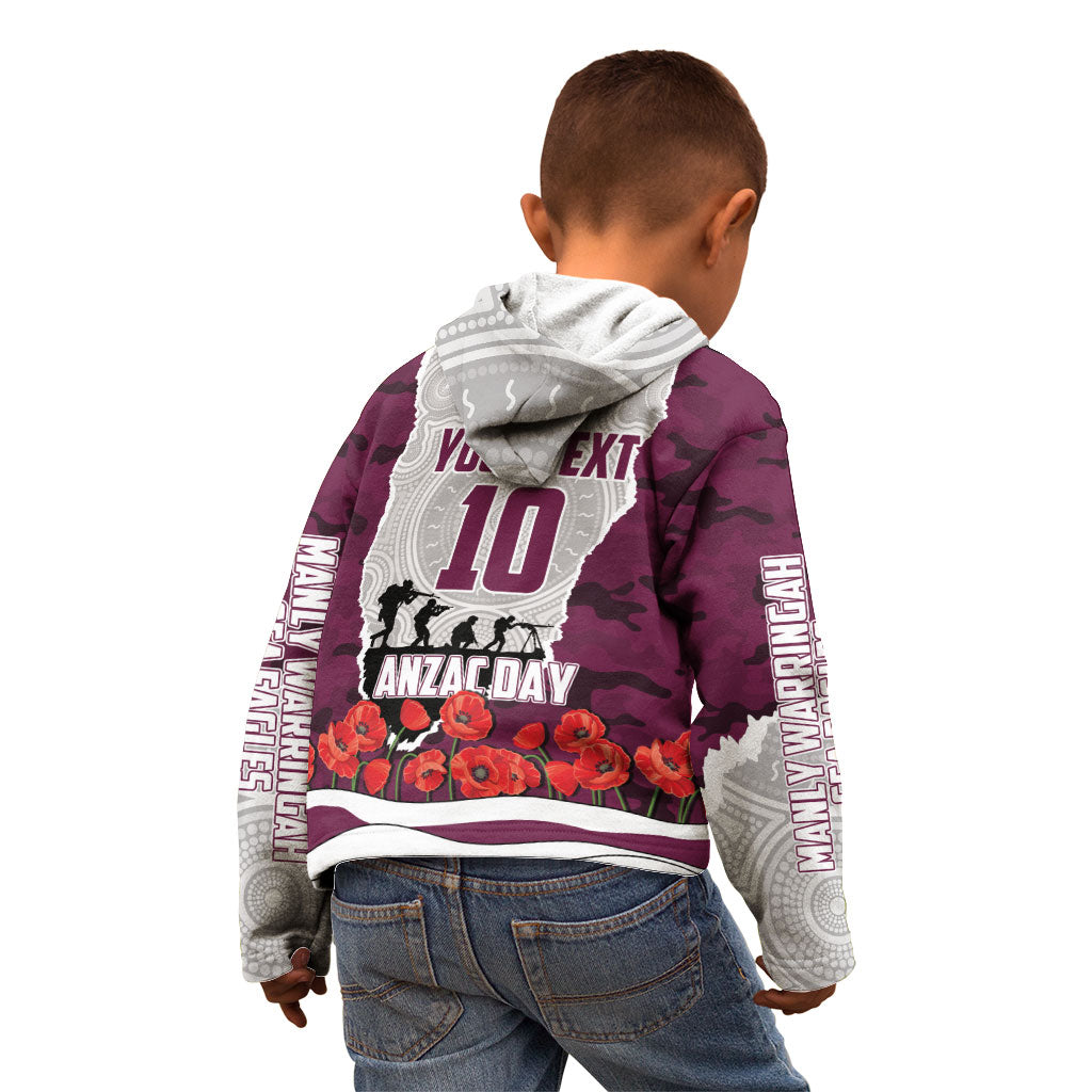 Personalized Sea Eagles ANZAC Tribute Kid Hoodie Poppy Field Soldier Silhouette Aboriginal Rugby Mascot