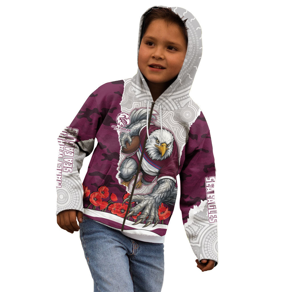 Personalized Sea Eagles ANZAC Tribute Kid Hoodie Poppy Field Soldier Silhouette Aboriginal Rugby Mascot