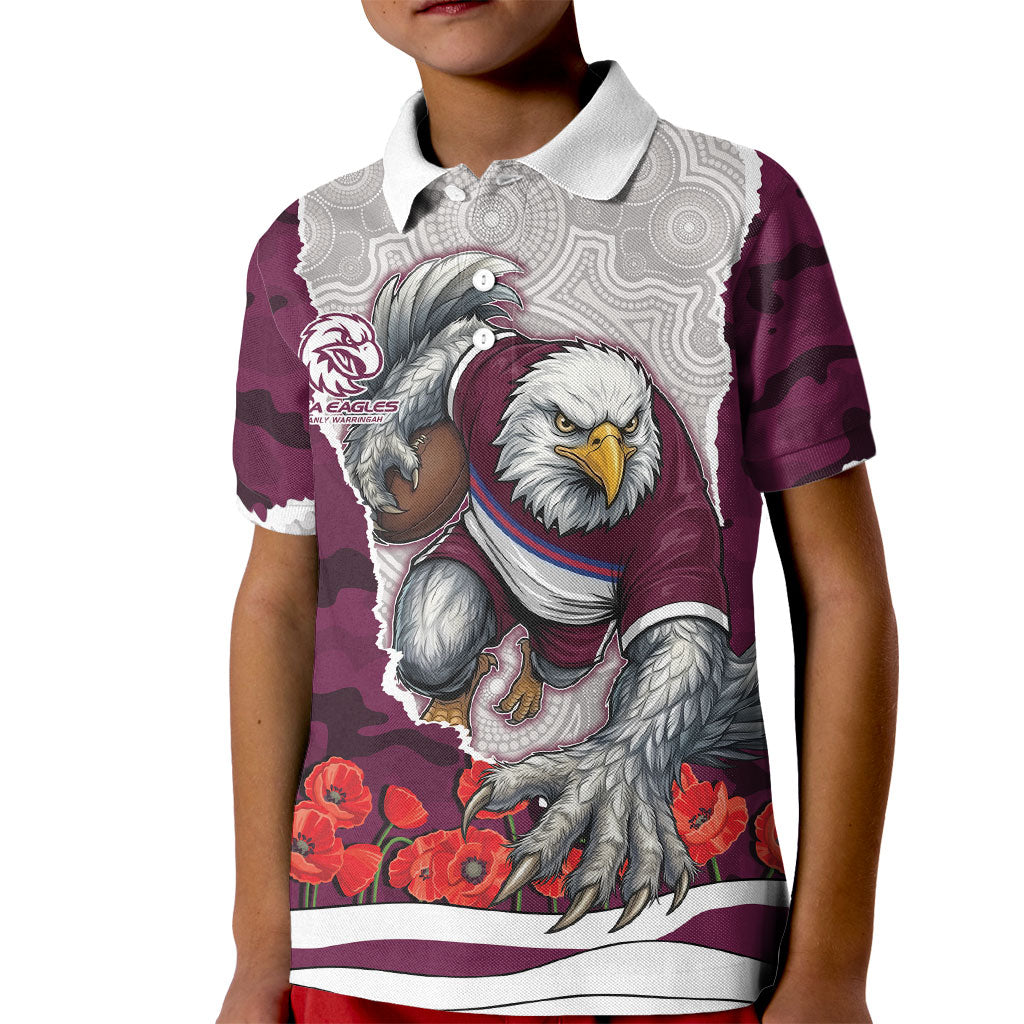 Personalized Sea Eagles ANZAC Tribute Kid Polo Shirt Poppy Field Soldier Silhouette Aboriginal Rugby Mascot