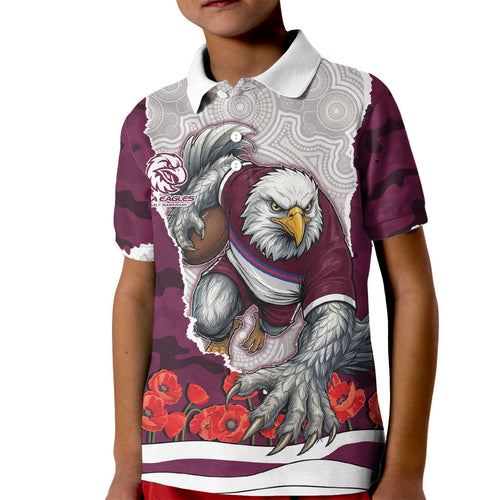Personalized Sea Eagles ANZAC Tribute Kid Polo Shirt Poppy Field Soldier Silhouette Aboriginal Rugby Mascot