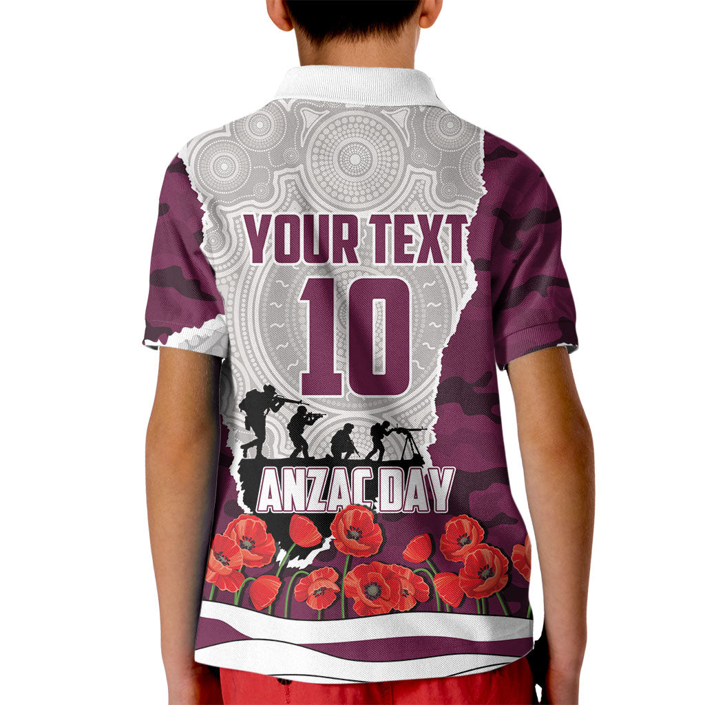 Personalized Sea Eagles ANZAC Tribute Kid Polo Shirt Poppy Field Soldier Silhouette Aboriginal Rugby Mascot