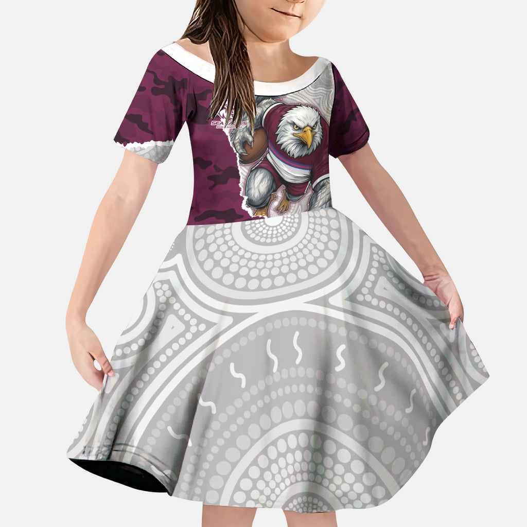 Personalized Sea Eagles ANZAC Tribute Kid Short Sleeve Dress Poppy Field Soldier Silhouette Aboriginal Rugby Mascot
