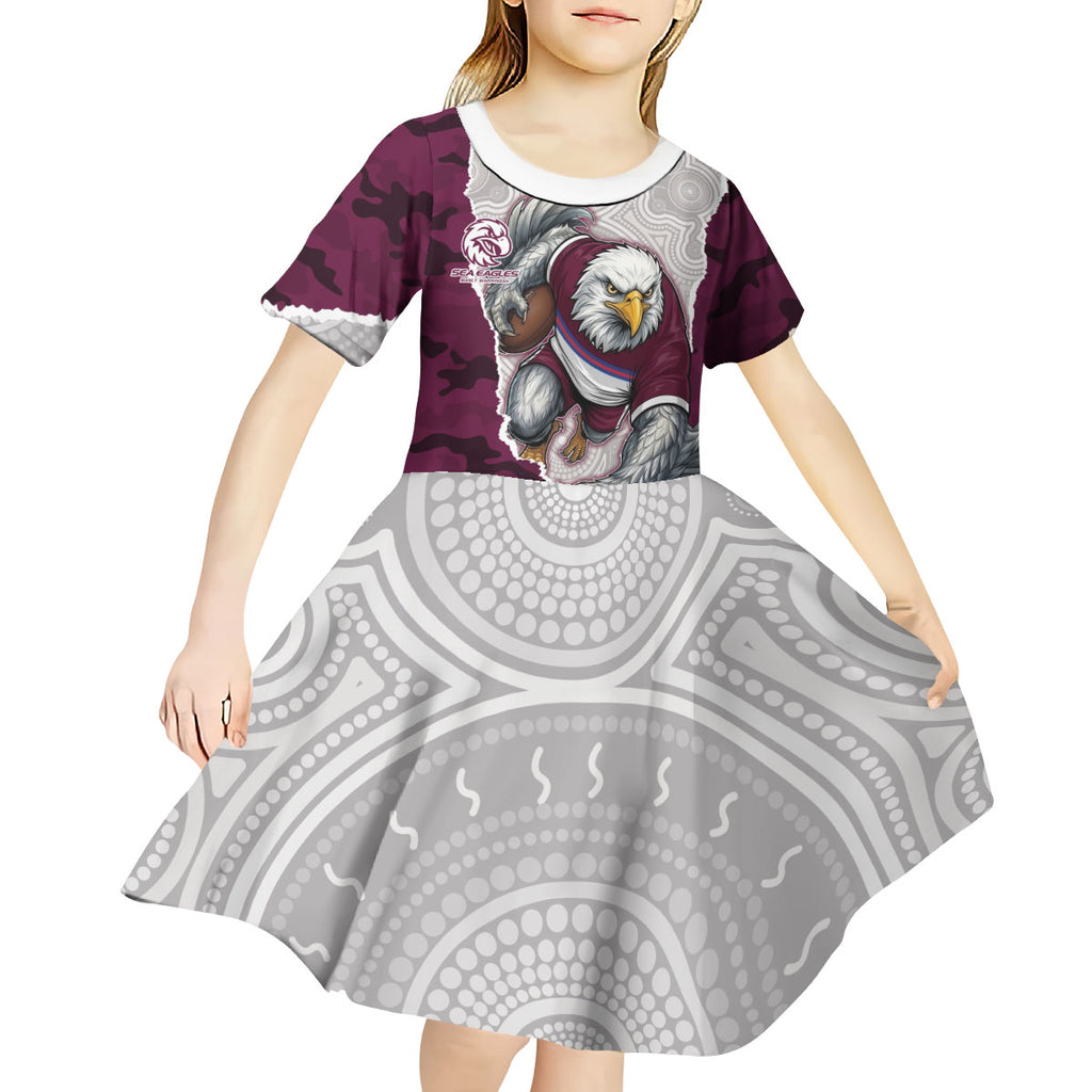 Personalized Sea Eagles ANZAC Tribute Kid Short Sleeve Dress Poppy Field Soldier Silhouette Aboriginal Rugby Mascot