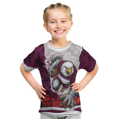 Personalized Sea Eagles ANZAC Tribute Kid T Shirt Poppy Field Soldier Silhouette Aboriginal Rugby Mascot