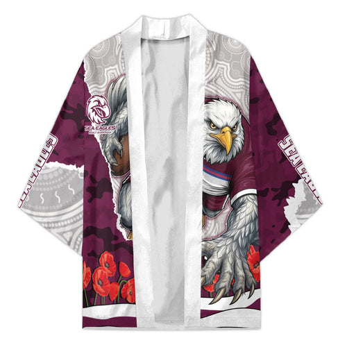 Personalized Sea Eagles ANZAC Tribute Kimono Poppy Field Soldier Silhouette Aboriginal Rugby Mascot