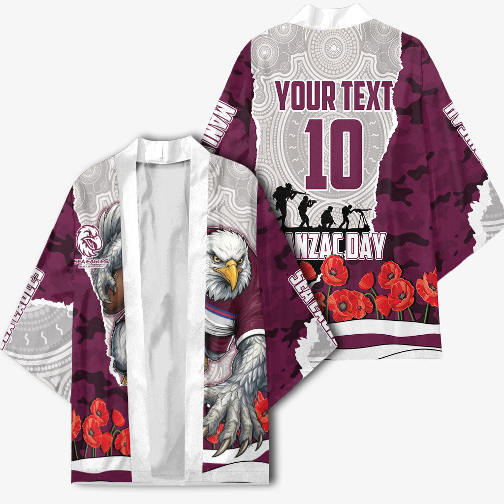 Personalized Sea Eagles ANZAC Tribute Kimono Poppy Field Soldier Silhouette Aboriginal Rugby Mascot