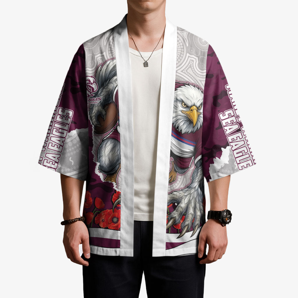 Personalized Sea Eagles ANZAC Tribute Kimono Poppy Field Soldier Silhouette Aboriginal Rugby Mascot