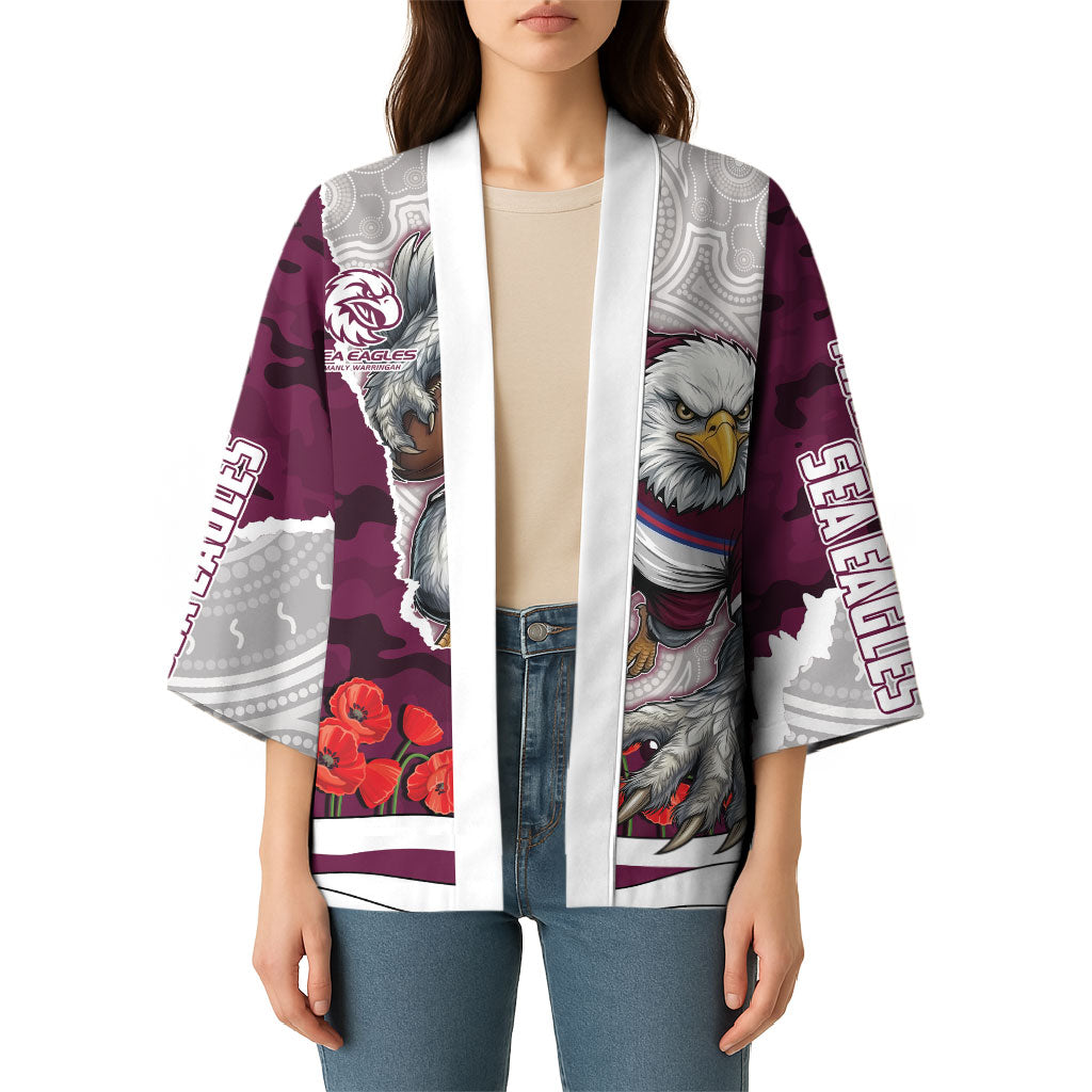 Personalized Sea Eagles ANZAC Tribute Kimono Poppy Field Soldier Silhouette Aboriginal Rugby Mascot