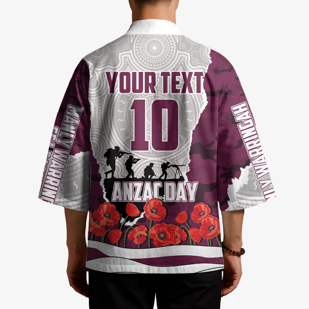 Personalized Sea Eagles ANZAC Tribute Kimono Poppy Field Soldier Silhouette Aboriginal Rugby Mascot